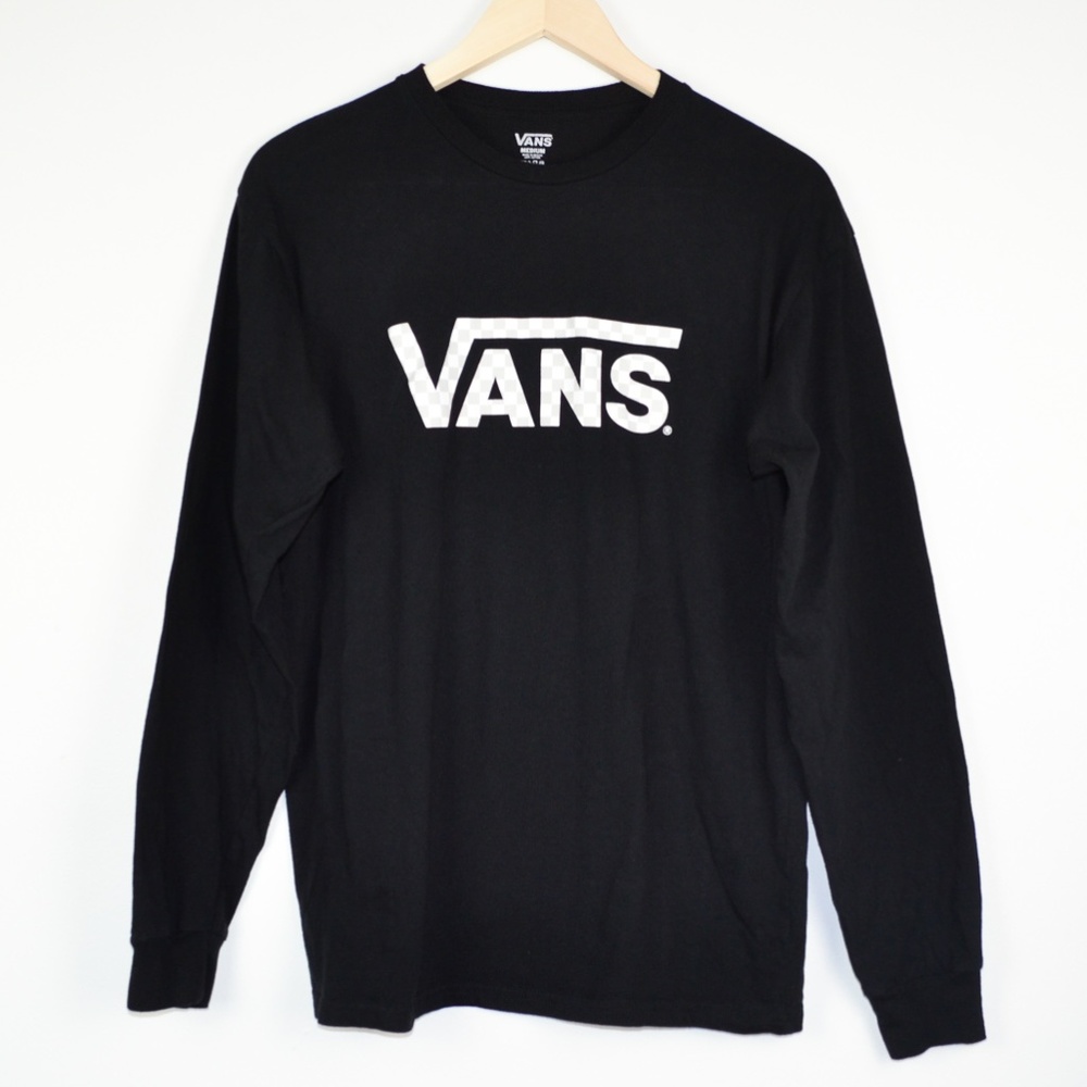 Black Men's Vans Checkerboard Logo Long Sleeve Tee
